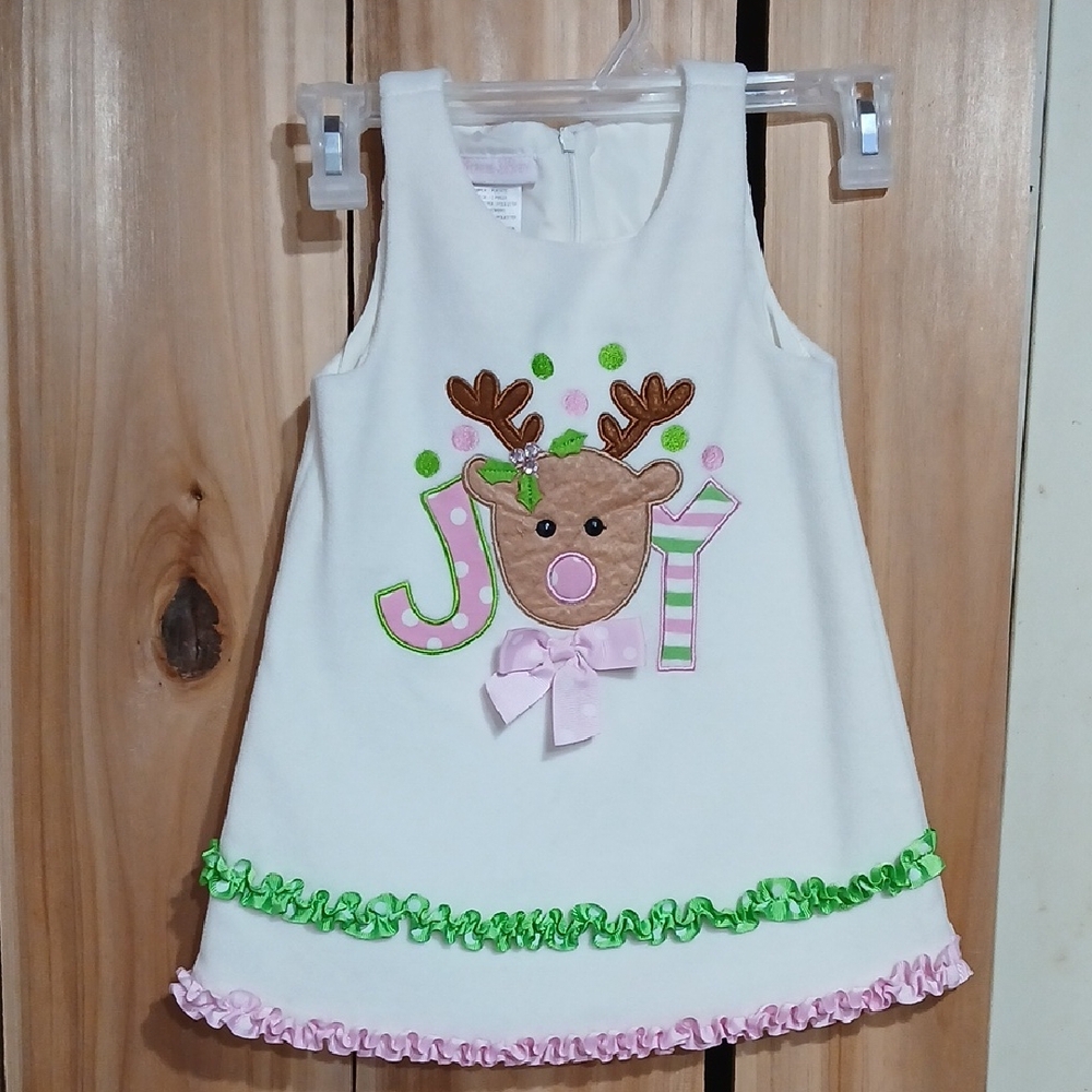 Bonnie Baby White Dress with Reindeer and Joy Design